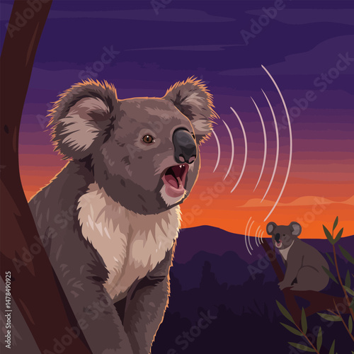 Koala Bear Calling Out in Tree During Sunset Illustration