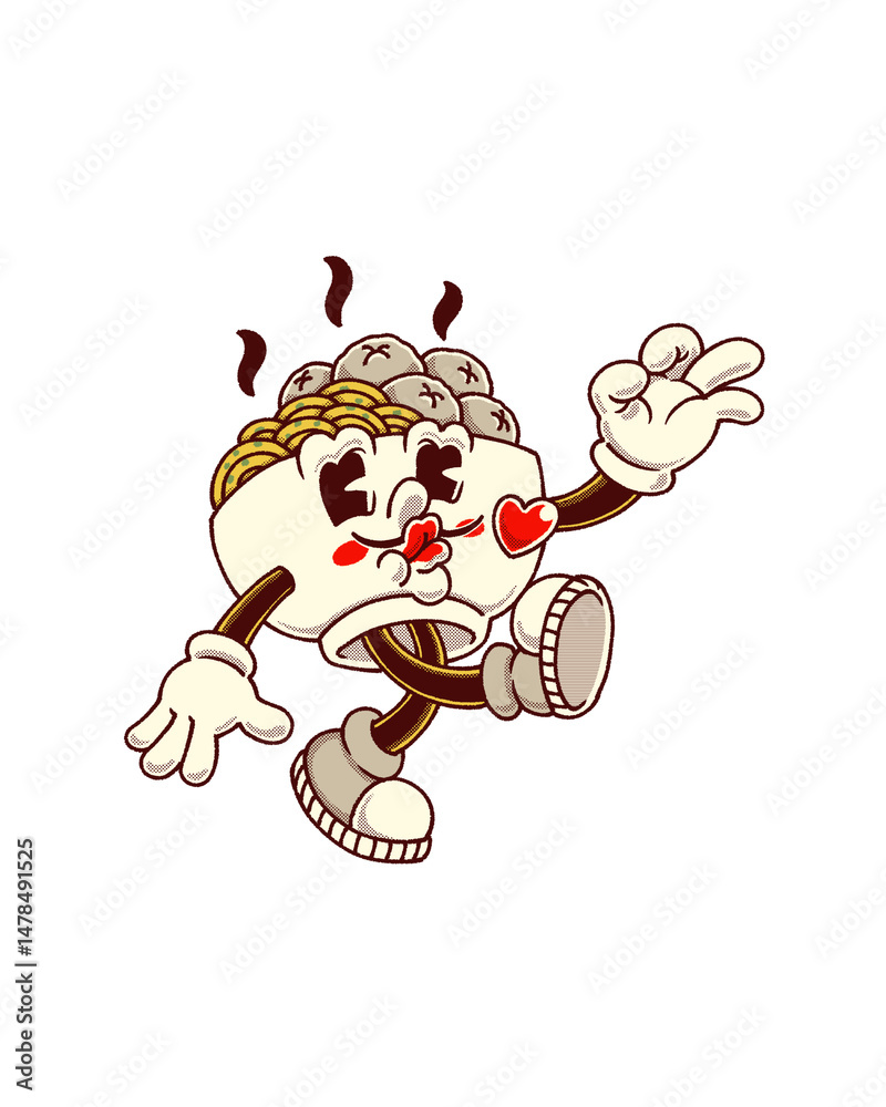 Fototapeta premium Cute illustration of noodle bowl character with retro cartoon feel.