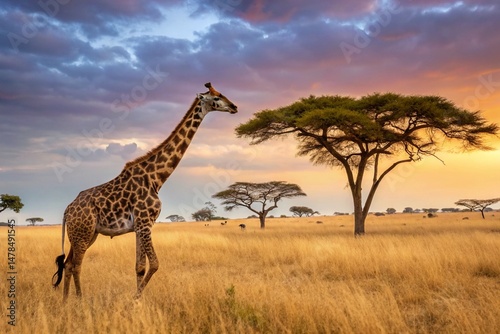Majestic Giraffe in Savannah A towering giraffe stands gracefully in the vast, sun-kissed savannah, with the golden grasslands and the iconic acacia tree - generated by ai
