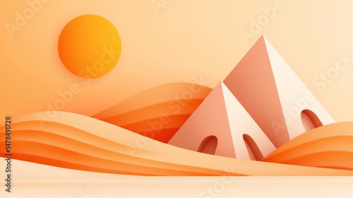 Desert Landscape With Pyramids And Sun
