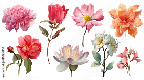 Set of Various Beautiful Blooming Flowers Isolated on Transparent Background

