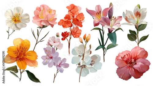 Set of Various Beautiful Blooming Flowers Isolated on Transparent Background

