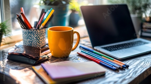 Cozy Workspace with Laptop, Coffee, and Art Supplies on a Wooden Table