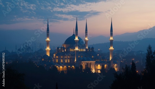 Mosque at dawn, illuminated city