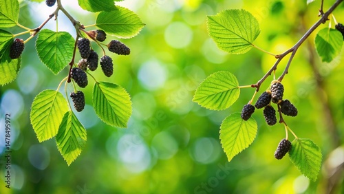 A black alder branch stretching towards the sky with leaves rustling in the gentle breeze