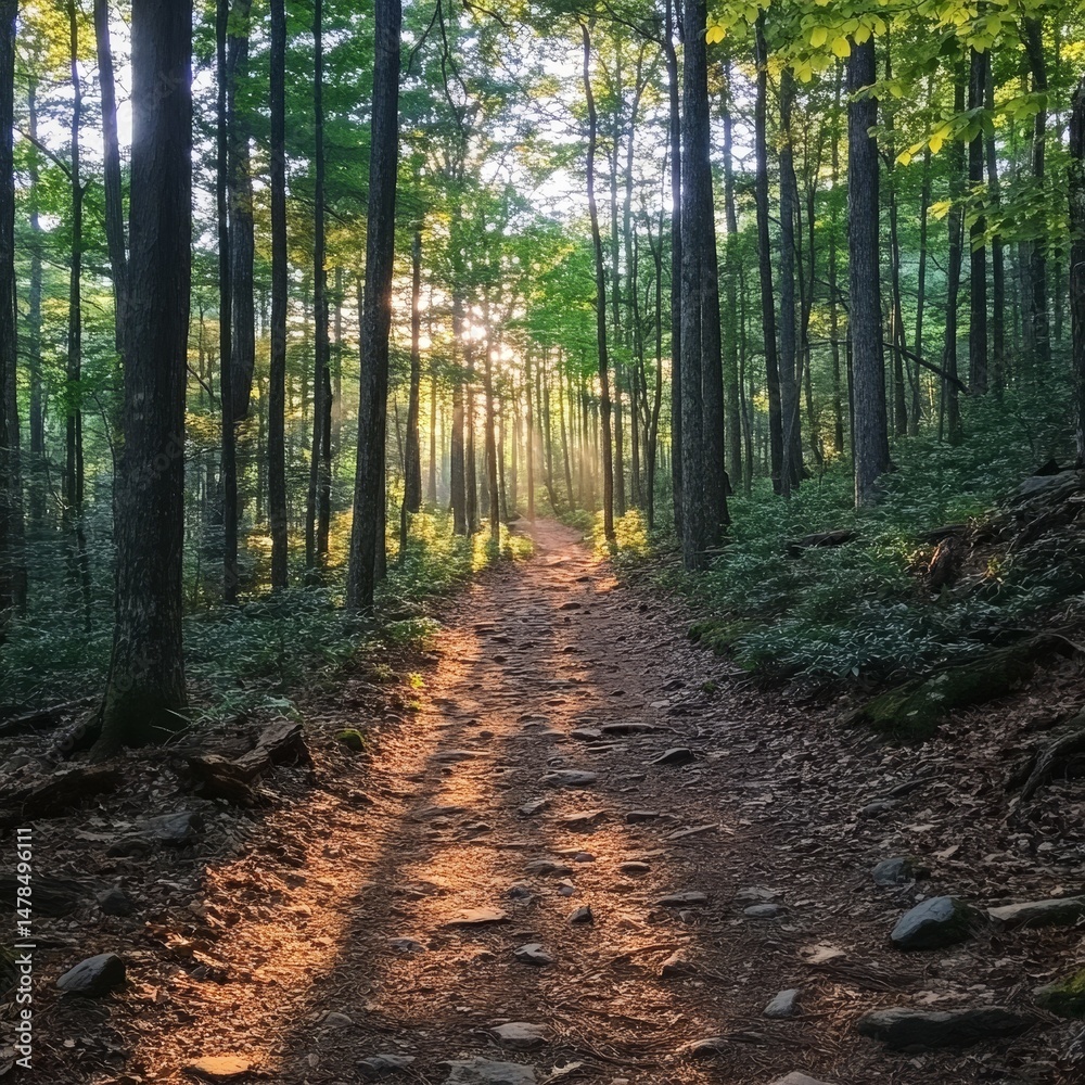 Obraz premium Sunlit Forest Trail: A Worm's Eye View of a Stone Path Through Dappled Sunlight