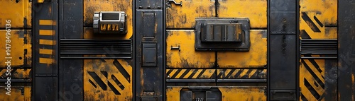 Detailed view of a weathered yellow and black industrial panel.
