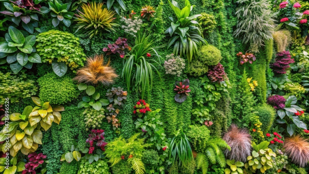 Fototapeta premium A lush green wall covered in a variety of plants and flowers with a natural planting background