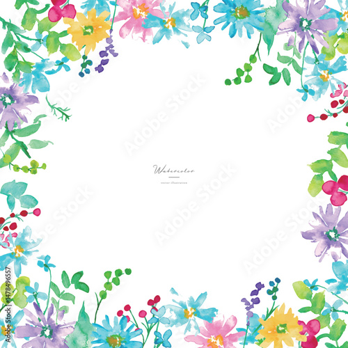 水彩画。水彩タッチのカラフルな春の花びらフレーム。色鮮やかな花のベクターイラスト。Watercolor. Colorful spring petals frame with watercolor touch. Vector illustration of colorful flowers.