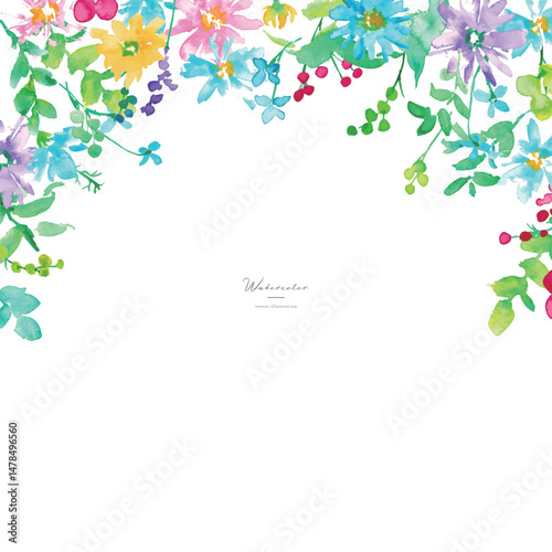 水彩画。水彩タッチのカラフルな春の花びらフレーム。色鮮やかな花のベクターイラスト。Watercolor. Colorful spring petals frame with watercolor touch. Vector illustration of colorful flowers.