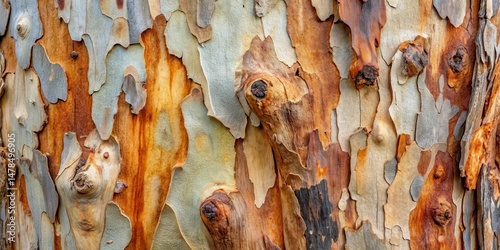 Mottled brown and grey hues of old eucalyptus tree bark with intricate abstract patterns, abstract, rustic,  abstract, rustic
