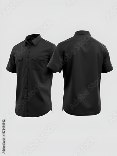 A modern 3D model of a men's plain black shirt with short sleeves and chest pockets, illustrated in both front and back perspectives.