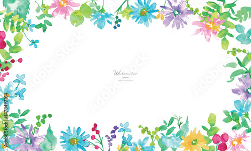 水彩画。水彩タッチのカラフルな春の花びらフレーム。色鮮やかな花のベクターイラスト。Watercolor. Colorful spring petals frame with watercolor touch. Vector illustration of colorful flowers.