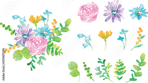 水彩画。水彩タッチのカラフルな春の花びらフレーム。色鮮やかな花のベクターイラスト。Watercolor. Colorful spring petals frame with watercolor touch. Vector illustration of colorful flowers.