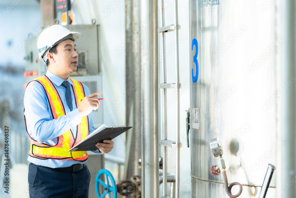 Fototapeta premium Engineer or inspector wearing a safety helmet and reflective vest, checking equipment and taking notes at an industrial plant. Safety and quality control concept.