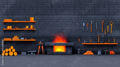 Glowing Forge In A Dark Blacksmith Workshop