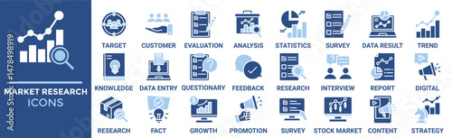 Market research icon set. Containing target, customer, evaluation, analysis, statistics, survey, data result and more. Solid vector icons collection