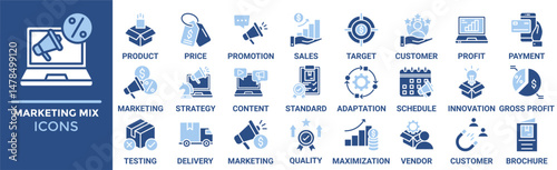 Marketing mix icon set. Containing product, price, promotion, sales, target, customer, profit and more. Solid vector icons collection