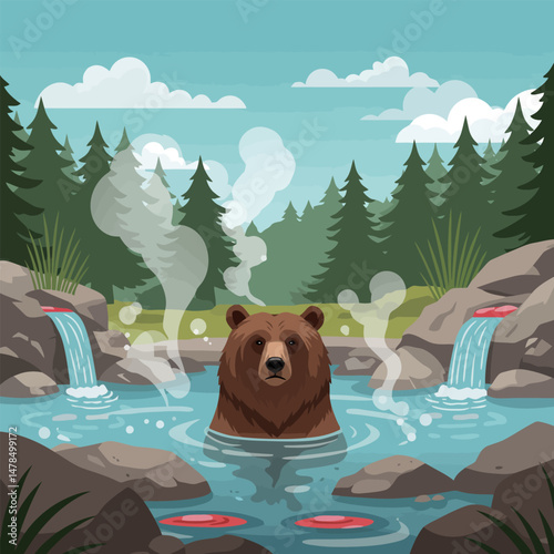 Bear Soaking in Natural Hot Spring Surrounded by Forest Scenery
