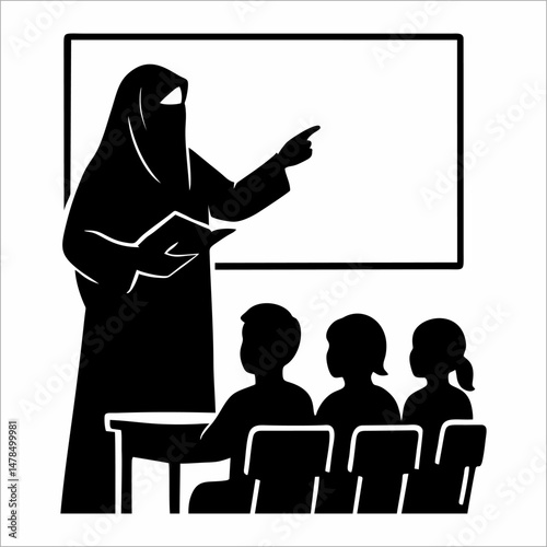silhouette of a teacher wearing a veil, teaching in front of the class
