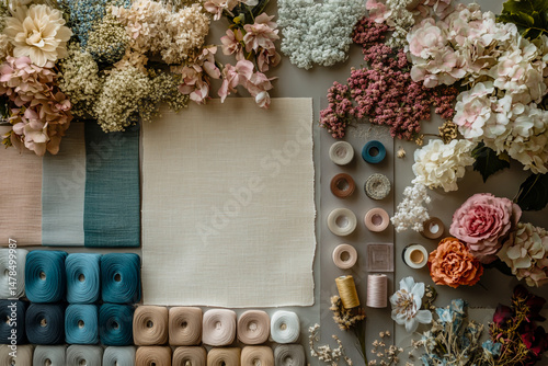 An overhead view of an interior designer's mood board, featuring color swatches, fabric samples, and design inspiration for a modern home makeover.
