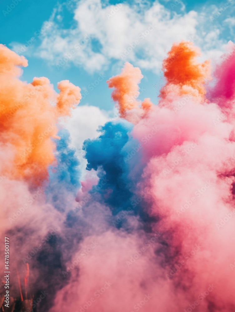 Naklejka premium Colorful Smoke Bombs Exploding Against a Bright Blue Sky with White Clouds Low Angle Shot Outdoors