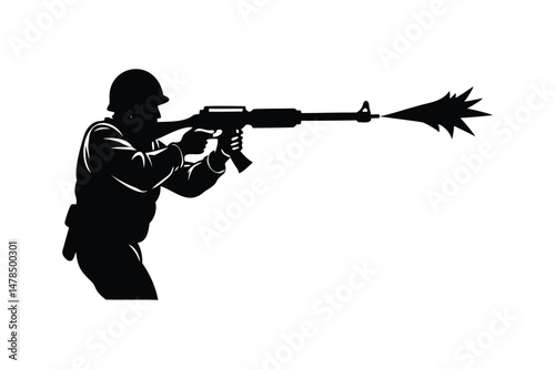 Soldier shoots a bazooka silhouette on white background