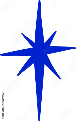 Blue starburst with eight points, concept of star and light.