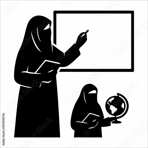 silhouette of a teacher wearing a veil, teaching in front of the class