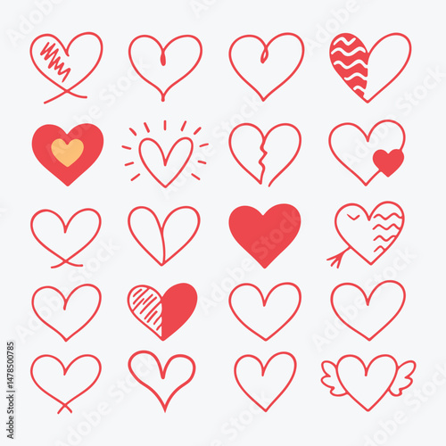 Heart clipart shape outline set. Hand Drawn Heart Icons Collection – Cute Valentine Love Symbols in Red – Vector Illustration