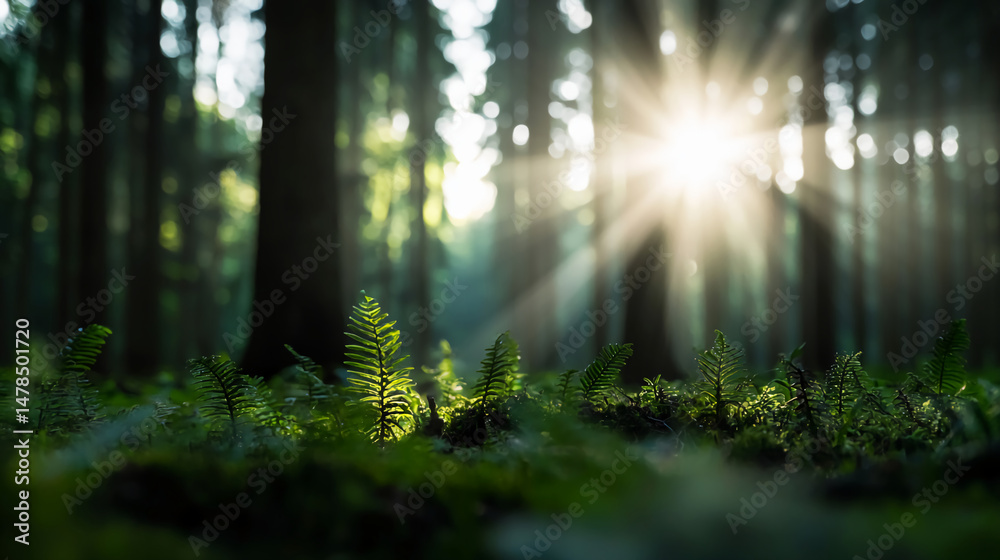 Obraz premium Sunlight streams through a lush forest, illuminating ferns and greenery on the forest floor in a serene, natural setting.