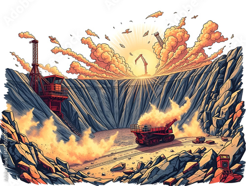 Digital illustration of an open-pit mine with red heavy machinery at work. Orange dust and clouds fill the air beneath a dramatic sky with a shining sun. 
