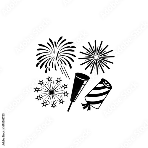 Black Silhouette Of Celebration Fireworks Display On White Background Festive Holiday Vector Illustration Party Celebration Element