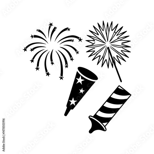 Black Silhouette Of Celebration Fireworks Display On White Background Festive Holiday Vector Illustration Party Celebration Element