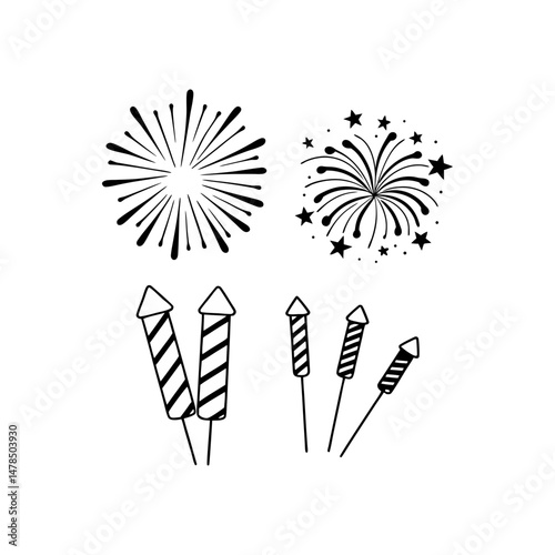 Black Silhouette Of Celebration Fireworks Display On White Background Festive Holiday Vector Illustration Party Celebration Element