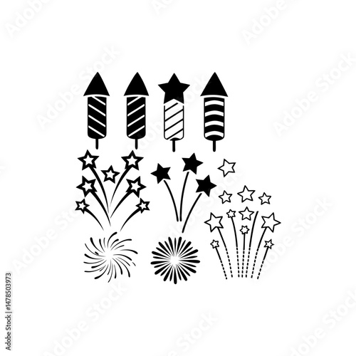 Black Silhouette Of Celebration Fireworks Display On White Background Festive Holiday Vector Illustration Party Celebration Element