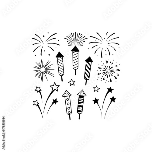 Black Silhouette Of Celebration Fireworks Display On White Background Festive Holiday Vector Illustration Party Celebration Element