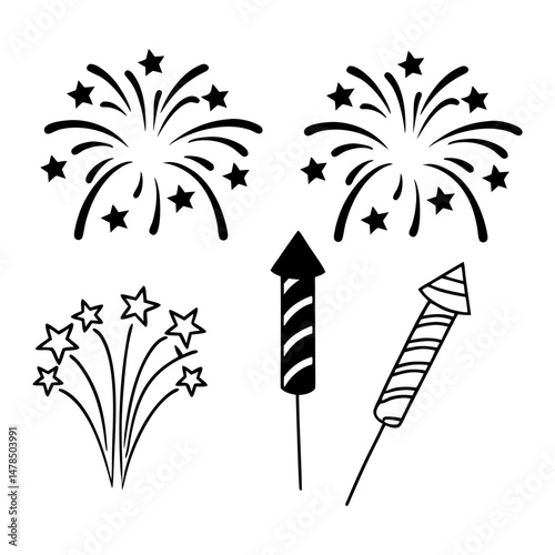 Black Silhouette Of Celebration Fireworks Display On White Background Festive Holiday Vector Illustration Party Celebration Element