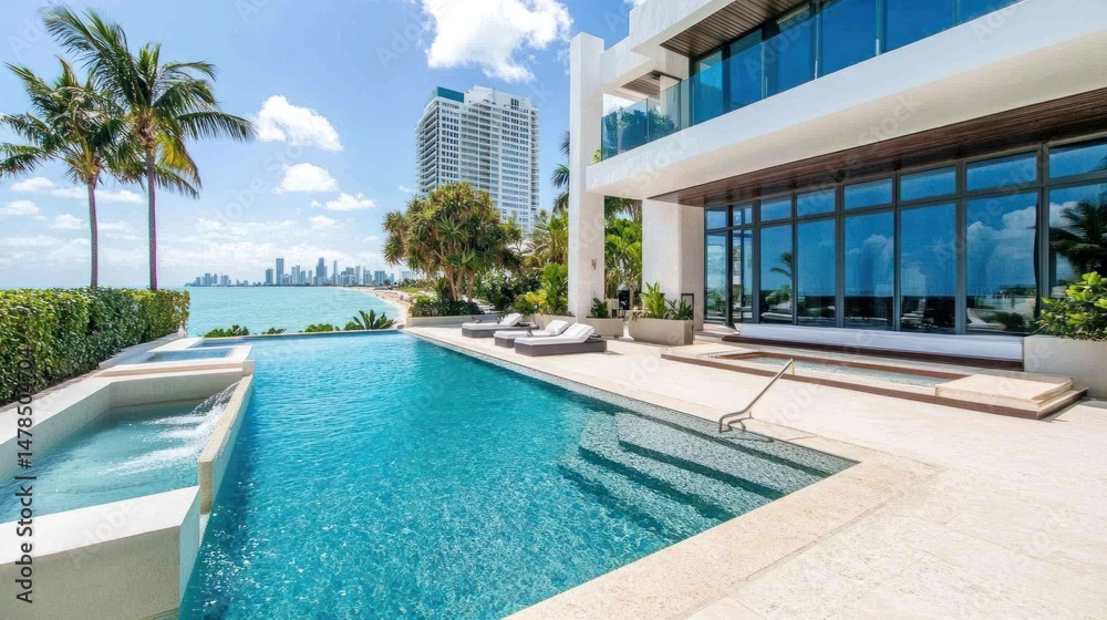 Fototapeta premium Luxury Waterfront Estate: Oceanfront Pool and Modern Architecture