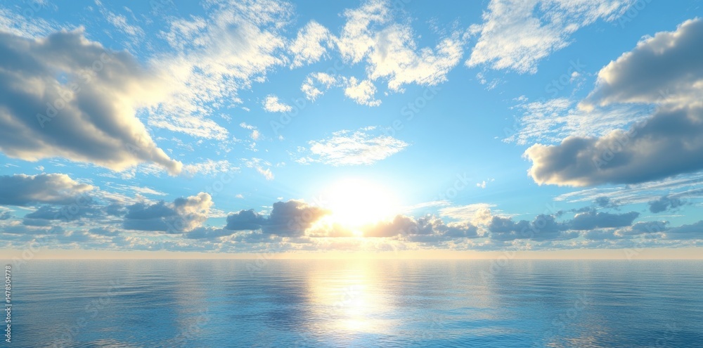 Fototapeta premium A serene ocean landscape under a bright sun. with fluffy clouds scattered across a clear blue sky. reflecting on the calm water. perfect for relaxation or travel themes