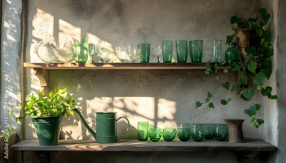 Obraz premium Rustic wooden shelves displaying a collection of teal glass items.