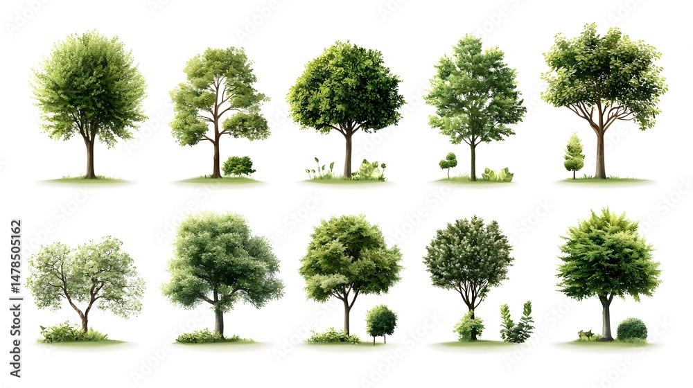 Fototapeta premium Diverse and stylized tree icons infographic with a range of shapes silhouettes and eco friendly color tones presented on an isolated background to showcase the elements