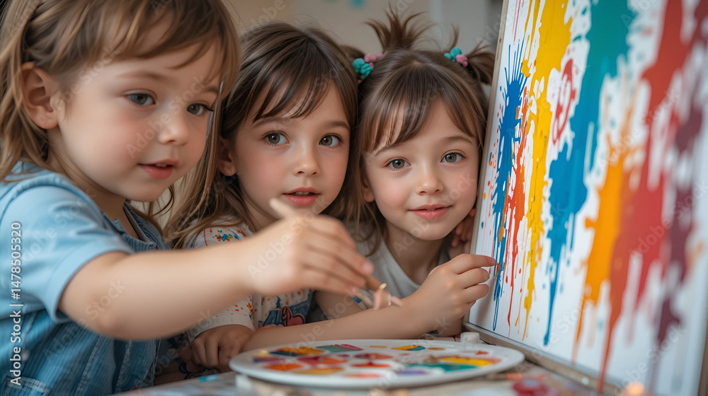 Fototapeta premium selective focus of kids with multicolored palette near canvas