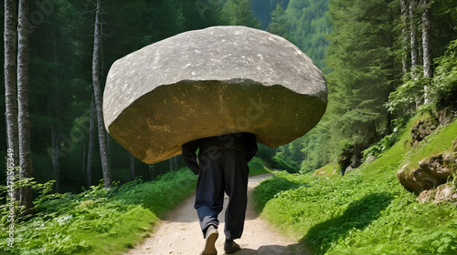 A wooden man carries large stones on his back, hard work of a man.