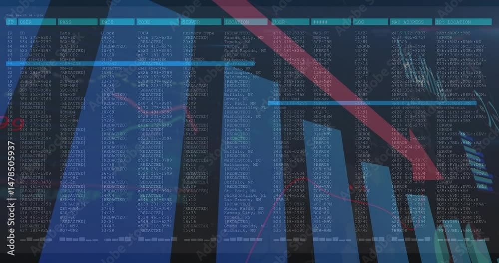 Network interface being animated with silhouetted towers and red data arcs over login table overlay