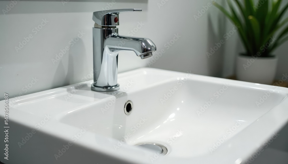 Close-up of a clean, white bathroom sink with chrome faucet , interior, contemporary Close-up of a clean, white bathroom sink with chrome faucet , interior, contemporary