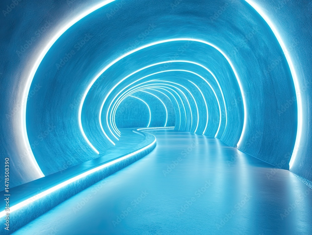 Fototapeta premium A mesmerizing blue-lit corridor featuring elegant archways. creating a futuristic ambiance. perfect for modern interior design concepts or artistic photography