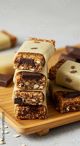 Homemade energy bars with cricket flour, oats, and dark chocolate chunks. Wrapped in beeswax paper, stacked on a bamboo tray.