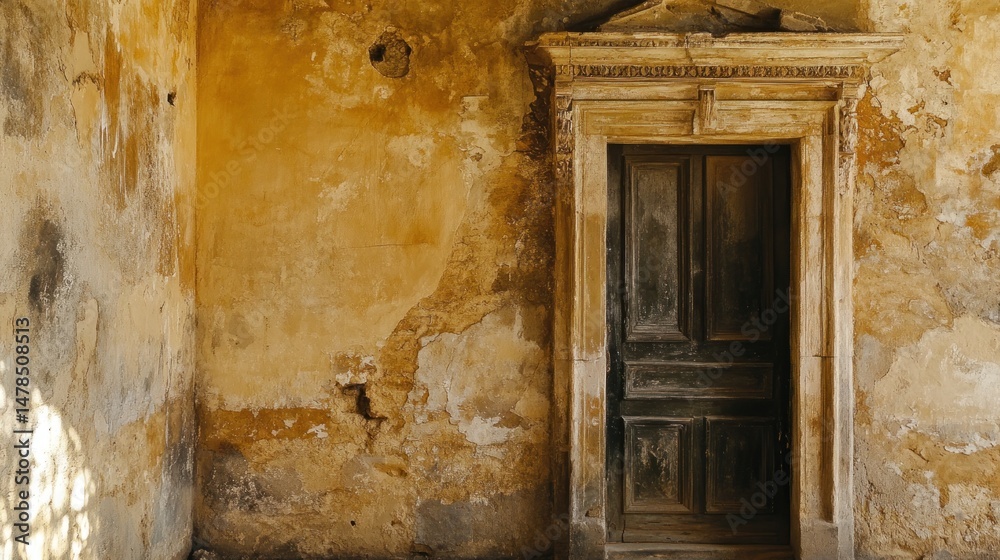 Fototapeta premium Weathered Wall With a Doorway and Sun-Dappled Light