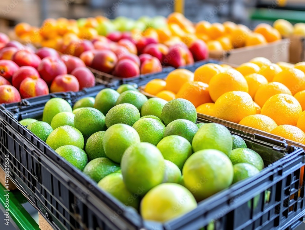 Fresh Fruit Display in Crates Close Up at Market Oranges Limes Peaches Apples Healthy Eating Bright Colors Fresh Fruit Display in Crates Close Up at Market Oranges Limes Peaches Apples Healthy Eating Bright Colors